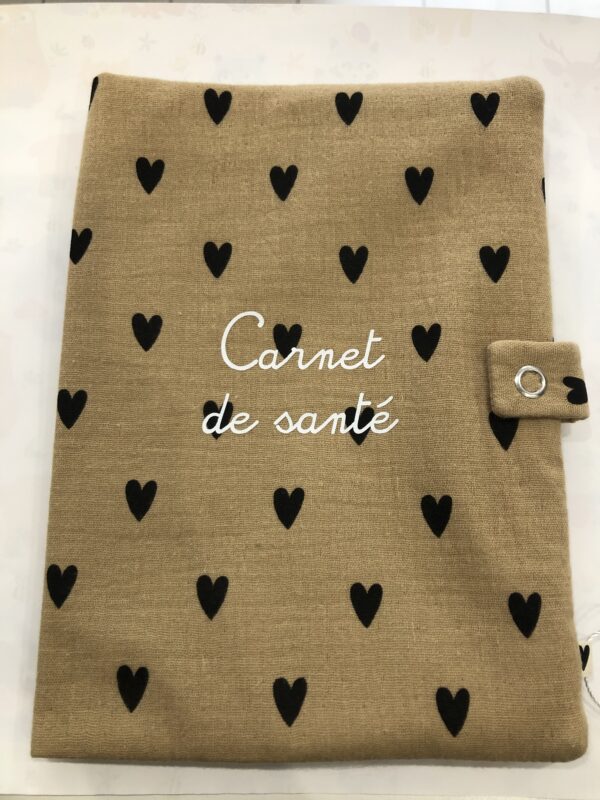 Protège carnet de santé - gaze coeurs beige